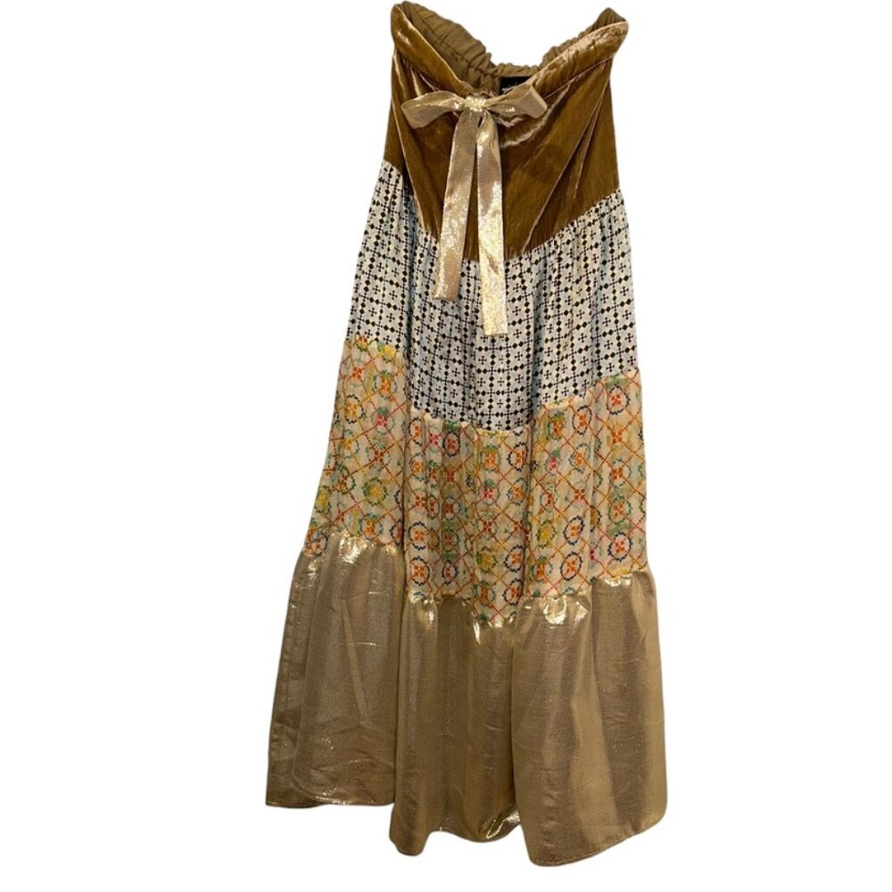 mimi liberte michel klein gold foil velvet ethnic print patchwork maxi s…